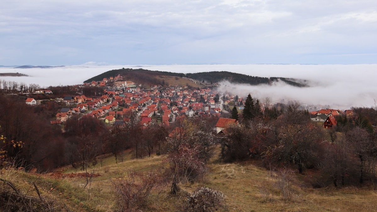 Mountains town in clouds